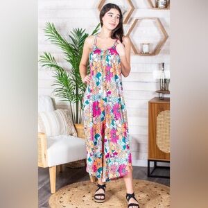 Shirley & Stone Retro Floral Multicolor Wide Leg Romper NWOT Size Large
